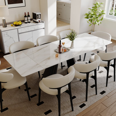 63" to 95"Extendable Modern Dining Table for 6-10, Rectangle White Glossy Sintered Stone Dinging Table with Leveling Feet