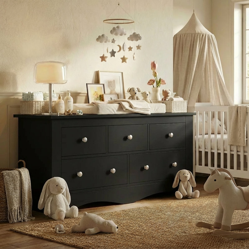 5 Drawer Double Dresser, Modern Wood Chest Of Drawer For Living Room Bedroom, Black