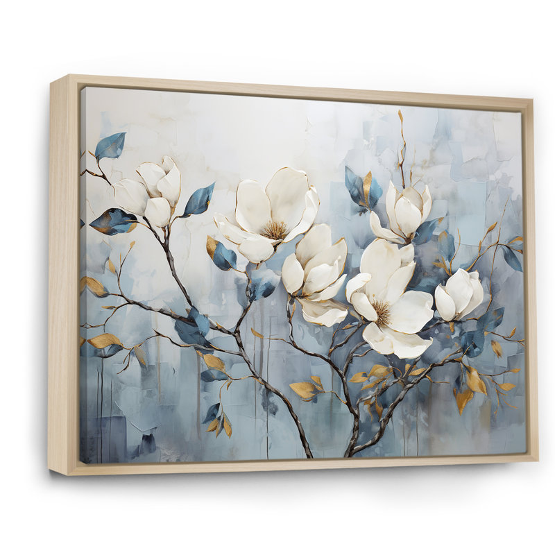 Elegant Magnolias Tranquility - art mural de salon Magnolias, H 16 po x l 32 po, Reproduction avec cadre flottant, Naturel