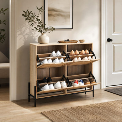 Armoire à chaussures 4 portes rabattable avec rangement inclinable, organisateur de vestibule peu encombrant pour garde-robe de couloir, fabrication en bois d'ingénierie robuste, chêne