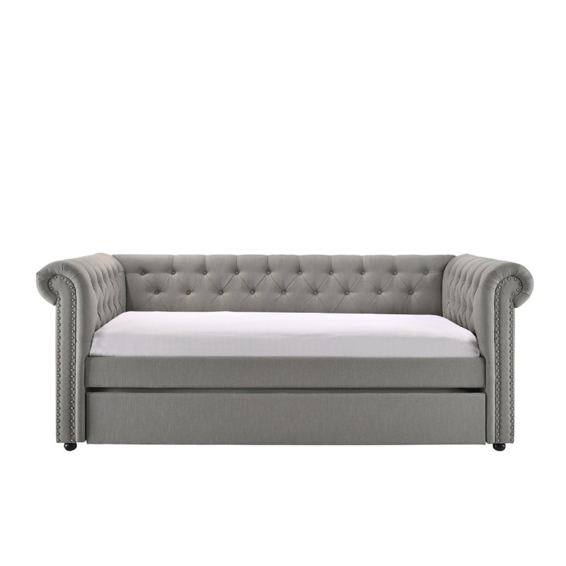 Luxurious 1Pc Modern Aesthetic Beautifully Button Tufted Nailhead Trim Design Daybed Built-In Pull-Out Trundle Bed Living Space Guest Room Bedroom