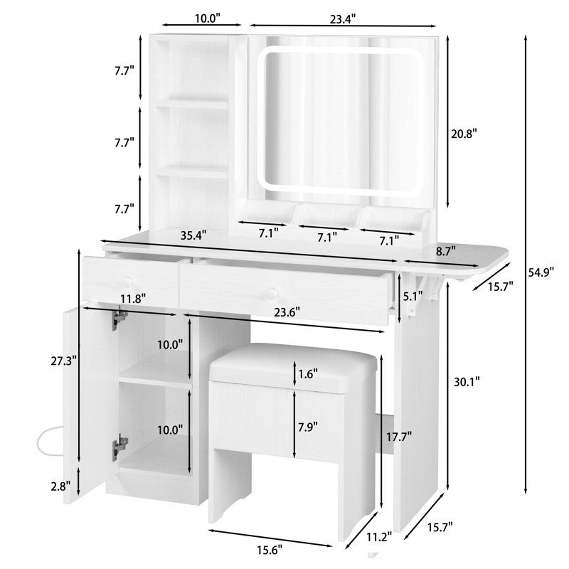 Vanity Desk Set With Led Lighted Mirror & Power Outlet, Makeup Table Top with 3 Open Bookcases, 3 Cubbies, 2 Drawers, Dresser Table for Bedroom, Checkroom