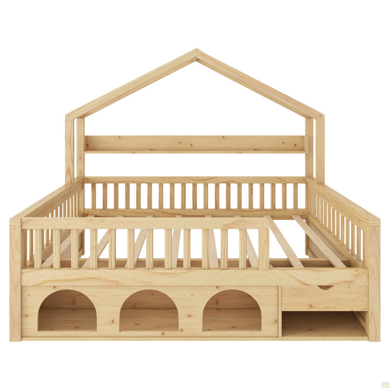 Lit cabane pour enfant, en bois, avec barrières de sécurité, rangement sous le lit, tiroir et éclairage., Full / Double