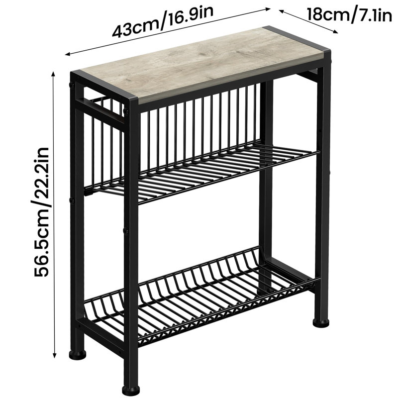 Table de bout pour petit espace, table d'appoint étroite à 3 niveaux avec porte-revues, Grège