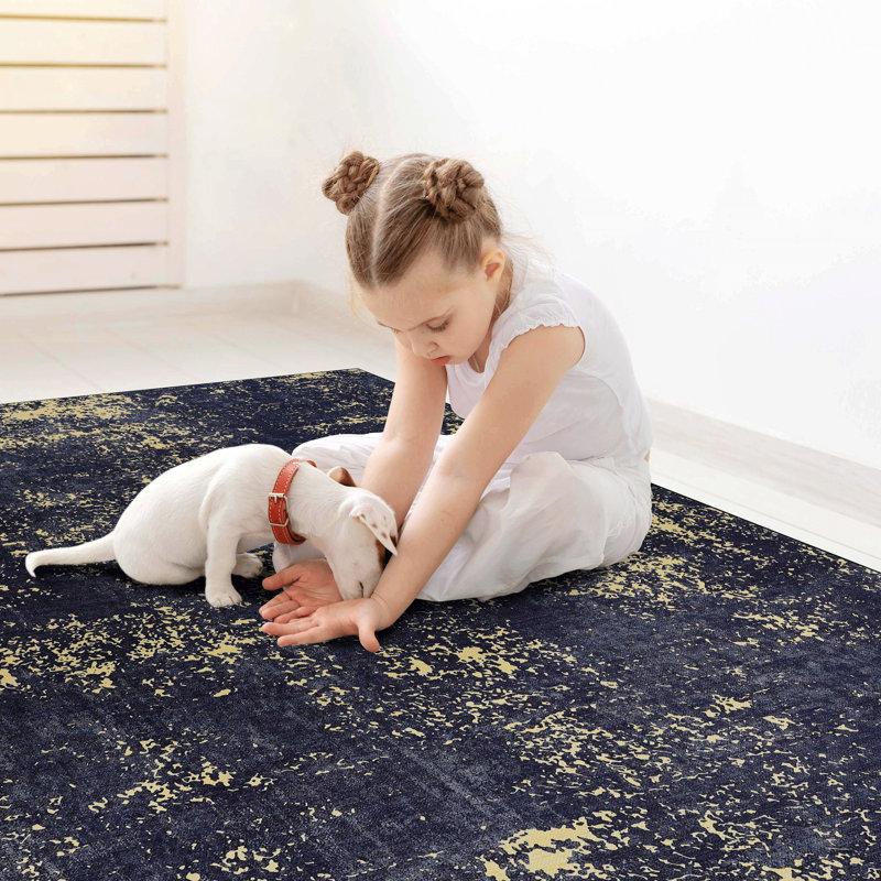 Area Rug, Black Washable Rug (Black+Gold), Rectangle 5' x 8'