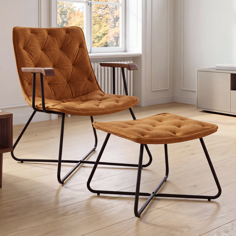 Mid-Century Chenille Upholstered Accent Chair with Ottoman Set, Ergonomic Lounge Chair with Wood Armrest & Metal Frame, Tufted Leisure Chair for Living Room Bedroom