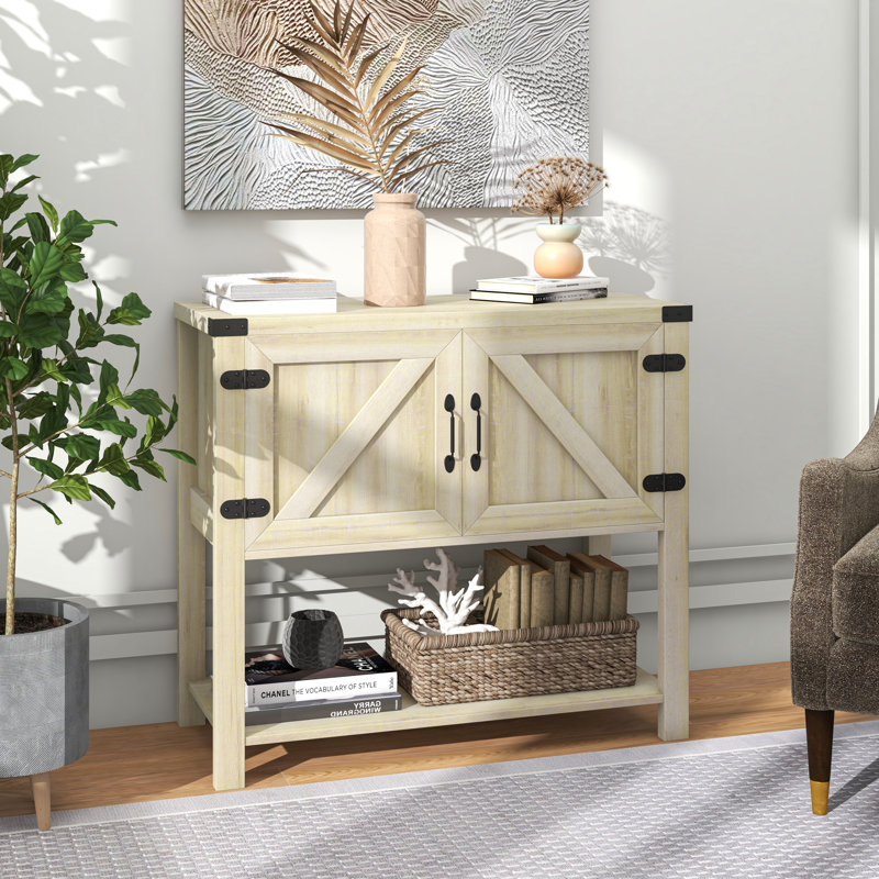 Gracie Oaks Kitchen Storage Cabinet, 2-Door Free Standing Sideboard Console Table With Bottom Shelf, Entryway, Oak