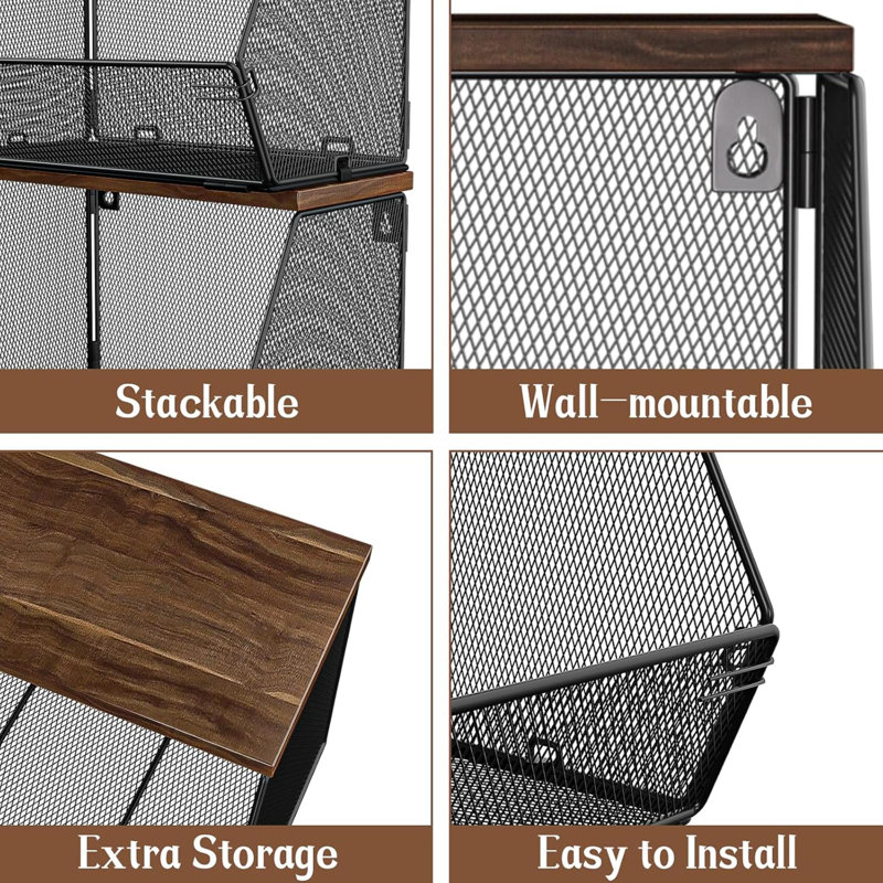 Panier de fruits à 2 niveaux pour comptoir de cuisine, panier de rangement empilable pour oignons et pommes de terre, panier mural en fil de fer avec couvercle en bois, rangement de cuisine suspendu pour légumes
