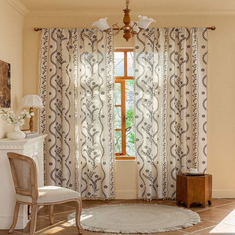 Polyester Floral Print Curtains 2 Panels (Set of 2), 52" W x 96" L, Soft White