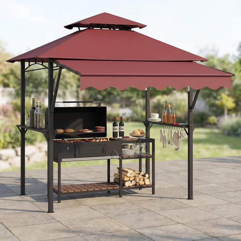 8x5 ft Grill Gazebo with Extra Large 7x3 ft Awning, 2-Tier BBQ Gazebo with Shelves, Hooks & LED Lights, Metal Frame Outdoor Grill Canopy for Backyard Garden Poolside