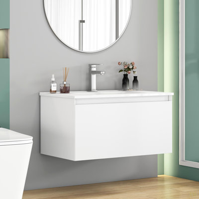 Meuble-lavabo mural 32 po avec 1 grand tiroir, système de fermeture en douceur, lavabo en céramique, conception sans poignée, bois massif, finition peinture, facile à installer, le robinet n'est pas inclus