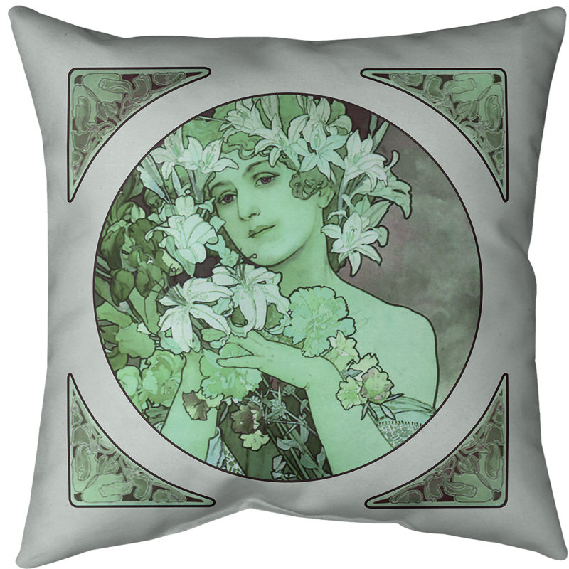 Housse de coussin alphonse mucha couronne de fleurs, 20 po x 20 po, Vert, Faux lin
