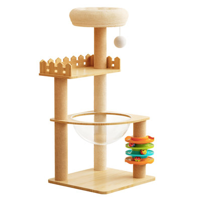 Modern Wood Cat Tower And Tree For Indoor Cats, Multi-Level Condo With Sisal Scratching Posts, Acrylic Hammock, Top Perch, And Toys