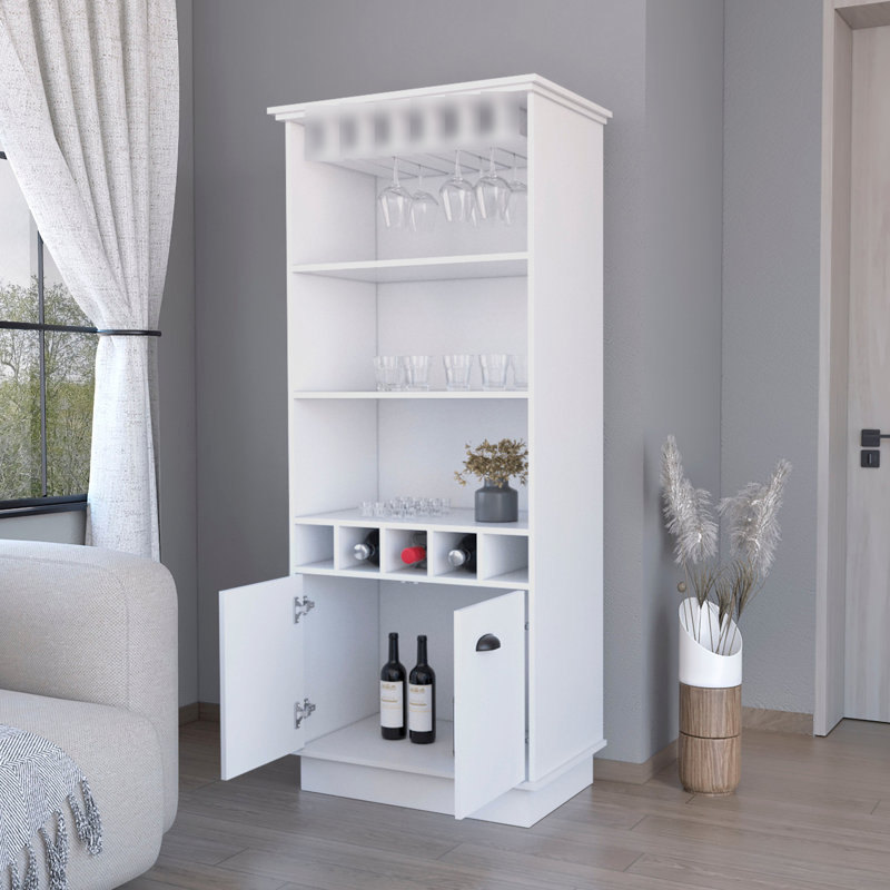 Bar blanc avec grand espace intérieur - 3 tablettes, 5 bouteilles, support à verres inclus, Blanc