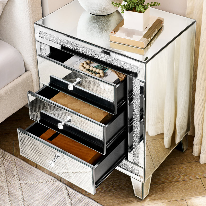 3 armoires à miroir argentées - 21,5 "x 15,8" 26,8 "Élégant rangement multifonctionnel pour la chambre à coucher, le salon 21,5 pouces 15,8 26,8 avec 3 tiroirs polyvalents