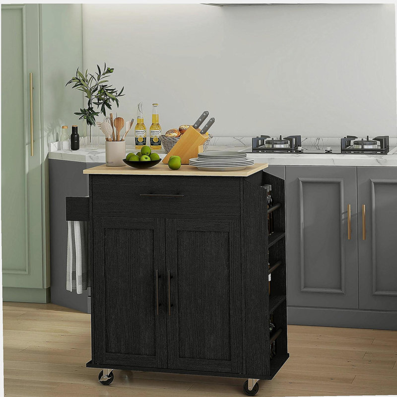HOMCOM Kitchen Island with Storage, Rolling Kitchen Cart with AC Outlets and USB Ports, Microwave Stand with Towel and Spice Rack, Black