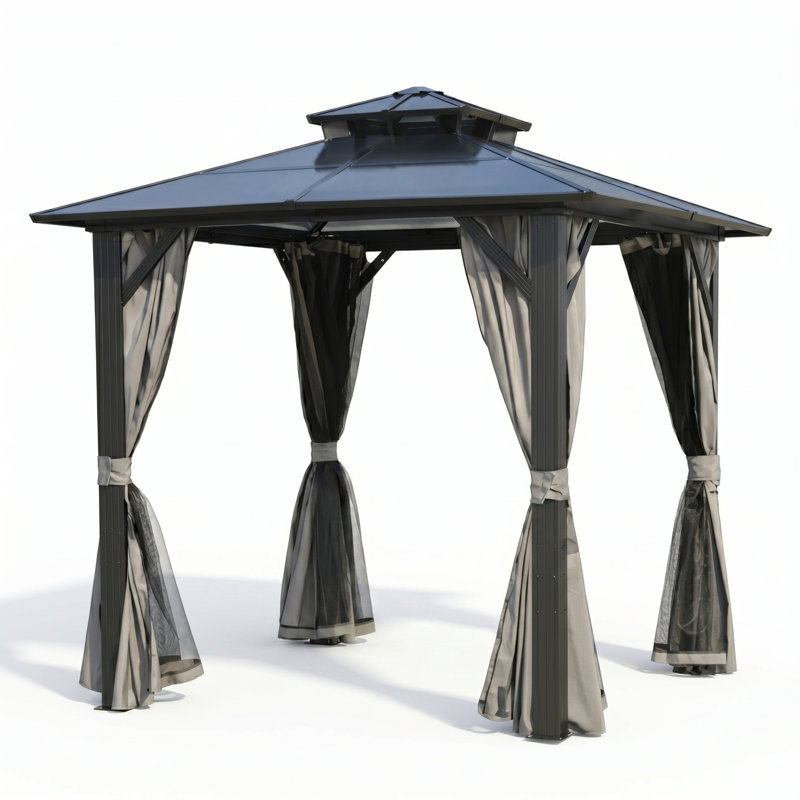 8Ft X 8Ft  Aluminum Bbq Grill Gazebo With Grey Hardtop Polycarbonate Double Roof  For Outdoor Cooking