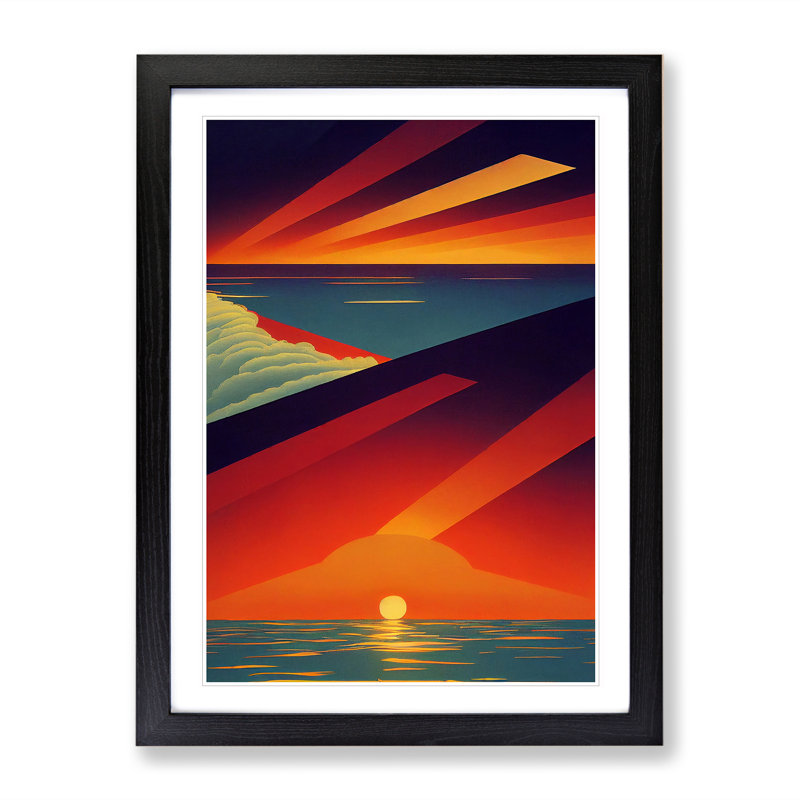 Vivid Abstract Ocean Sunset - Wall Art, Black Framed, 66cm H x 48cm W, White