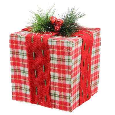 8" Red and Green Plaid Square Gift Box with Pine Bow Table Top Christmas Accent