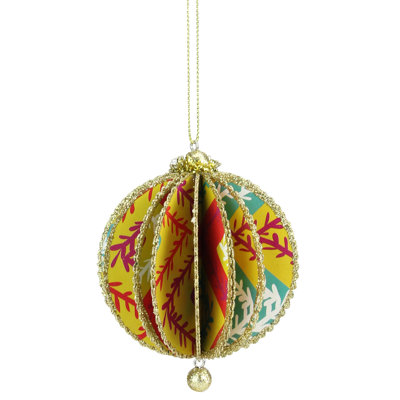 Ornement boule de Noël jaune et rouge à motif floral 4 po (100 mm)