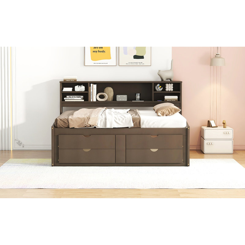 Allcot 4 Drawers Storage Daybed with Bookcase and Cabinet, Brown