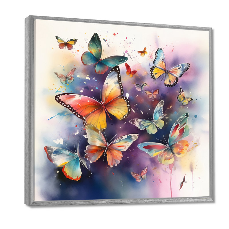 «Purple Butterflies In The Air», reproduction d'art sur toile, H 36 po x l 36 po, Encadrement argenté