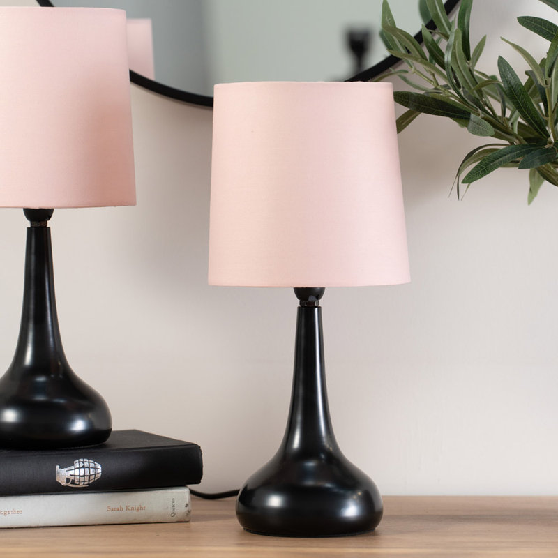 Riorita Pair of Chrome Touch Table Lamps with Fabric Shade and LED Bulbs, Blush Pink, No, Matt Black