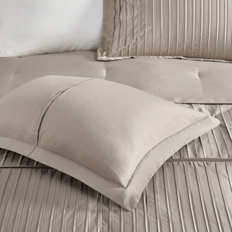 Édredon 7 pièces - Jupe de lit taupe très charmante avec jupe de lit plissée, Édredon pour très grand lit et 6 pièces supplé