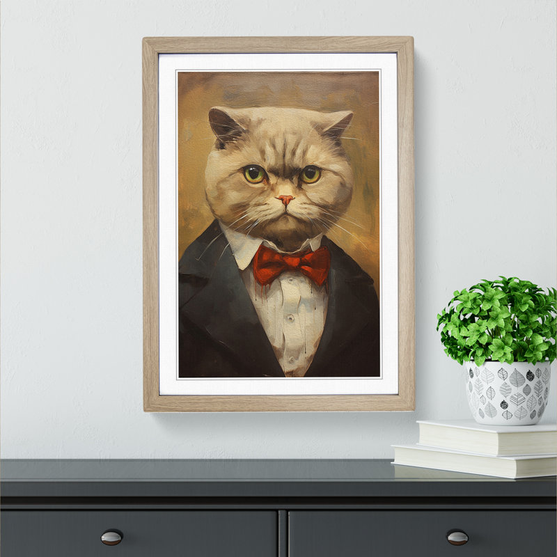 Cat Modern - Single Picture Frame Print on Wood, Oak Framed, 46cm H x 34cm W x 2cm D