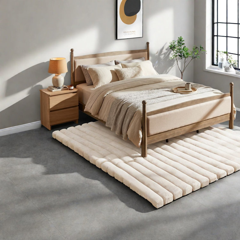 Lits King robustes, plateforme en bois de pin et tissu, chambre de style ferme moderne