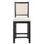 2 chaises de hauteur comptoir en bois noir, 2 chaises avec revêtement en tissu texturé beige, structure et siège en bois