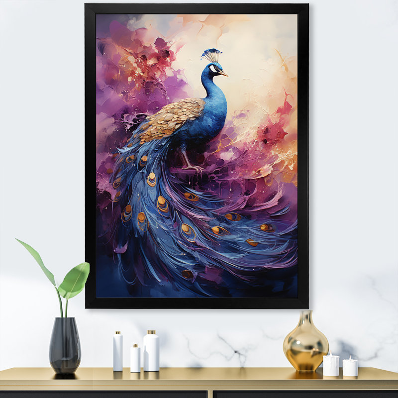 Golden Fushia Peacock Surge - art mural sur toile paon, H 32 po x l 16 po x P 1 po, Cadre simple noir