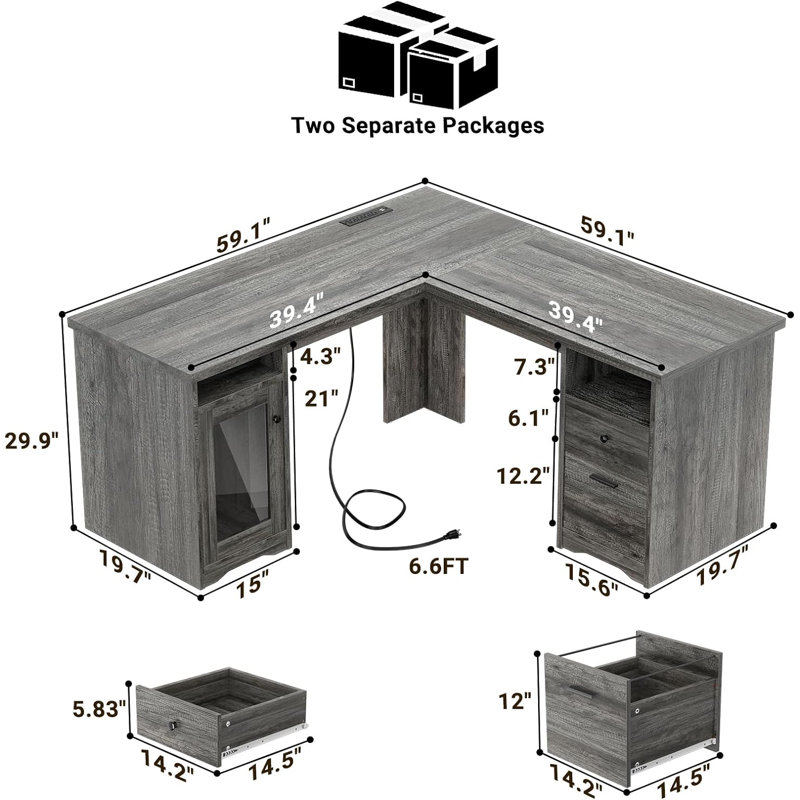 Detcho 60'' L Shaped Executive Desk with Drawers and Power Outlets, Grey