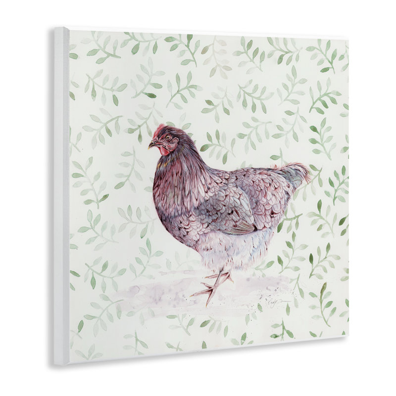Portrait de poule sur plaque de brindilles de feuilles, design par Cady