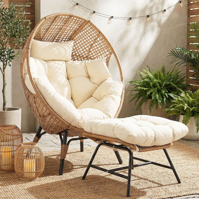 Egg Chair with Footrest, Wicker Patio Lounger with Ottoman