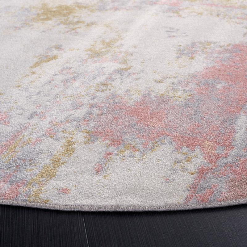 Braidy Abstract Handmade Flatweave Polyester Area Rug in Ivory/Gray/Pink, Round 8'