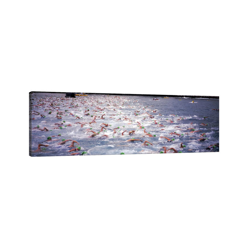 Triathlon Athletes Swimming In Water In A Race, Ironman - Wrapped Canvas Panoramic Print