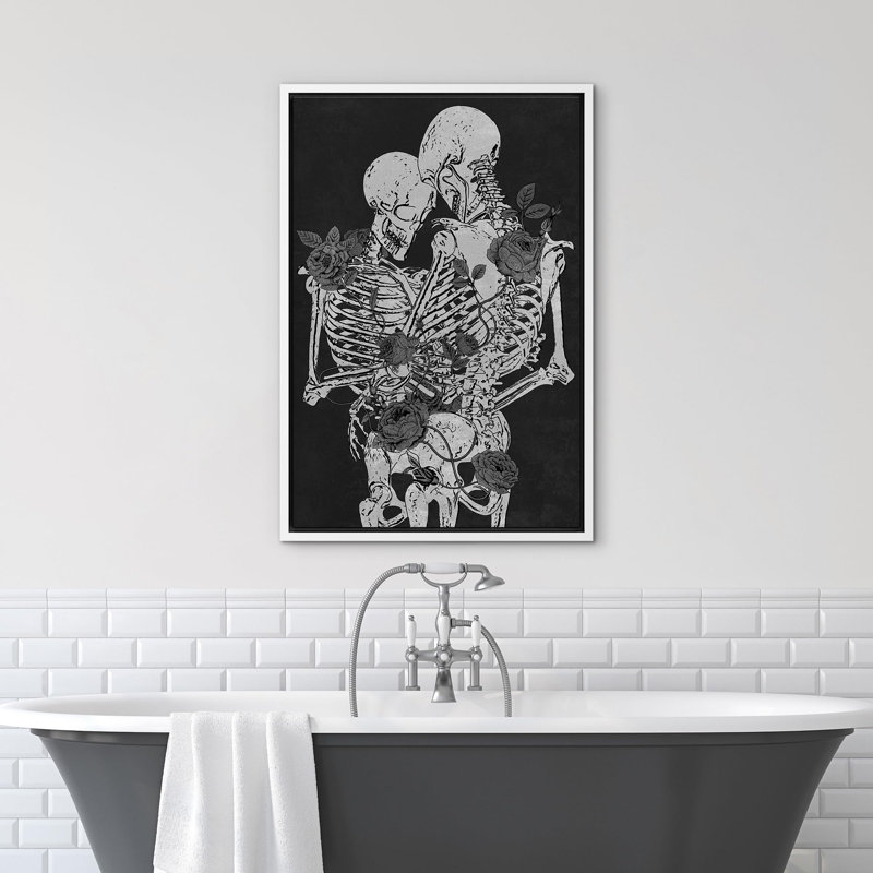Squelette câlin gothique Moody foncé, œuvre d'art moderne, décor, Cadre flottant blanc, H 36 po x l 24 po