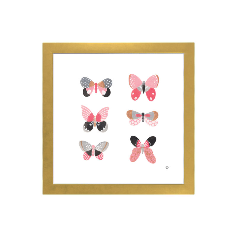 6 papillons art, H 16 po x l 16 po x P 1 po, Papier encadré doré
