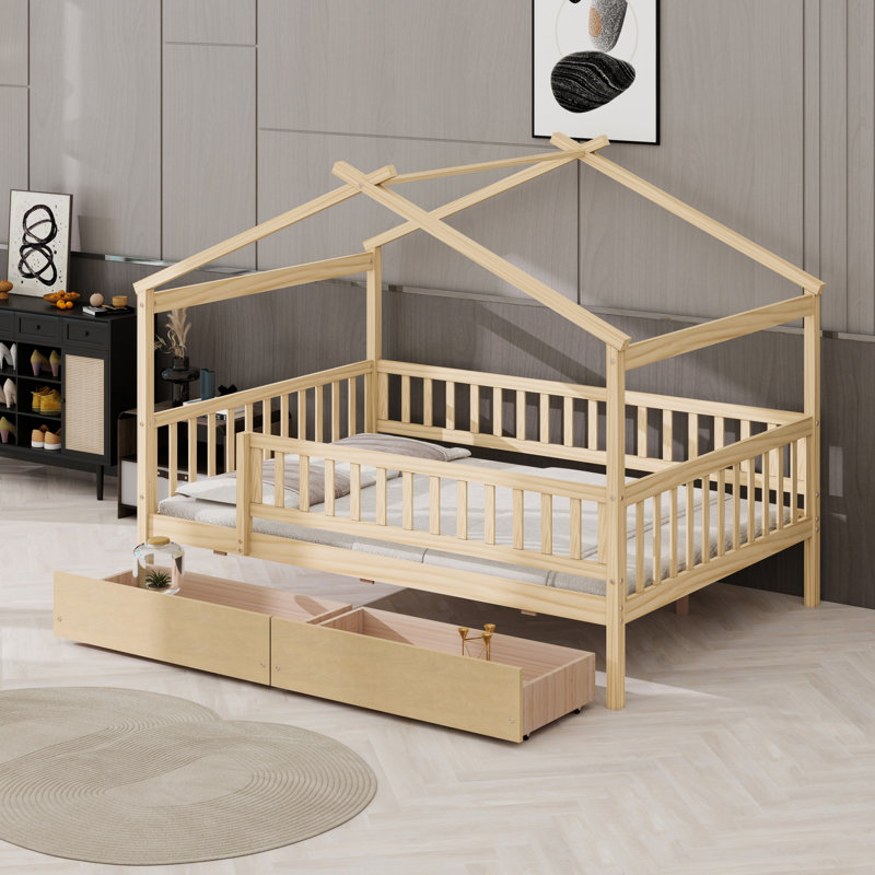 Lit en bois avec deux tiroirs, Naturel
