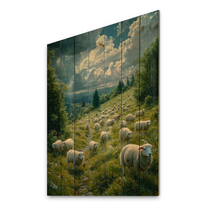 Mouton sur la colline - Art mural en bois de mouton - sur bois de pin naturel, H 32 po x l 24 po x P 0,78 po