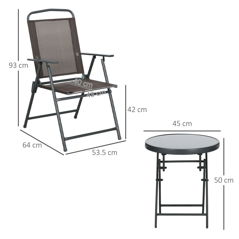 Garden Seat Set 53.5*64*93 cm Powder-Coated Steel 3 Pieces Bistro Set Brown Glass-Top & Foldable