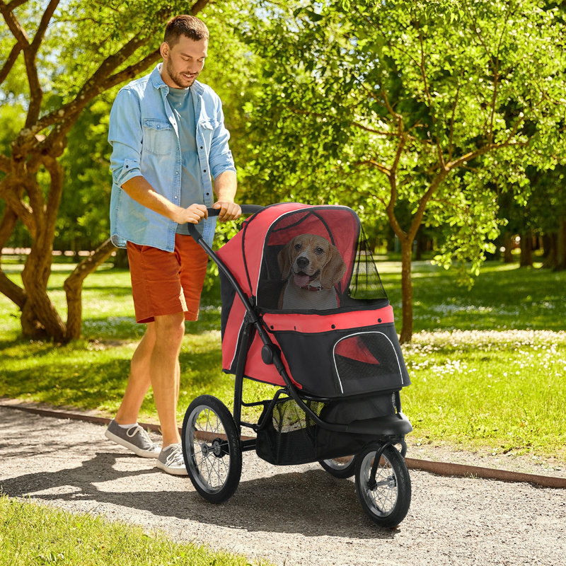 3 Big Wheels Foldable Cat Stroller With Adjustable Canopy, Red