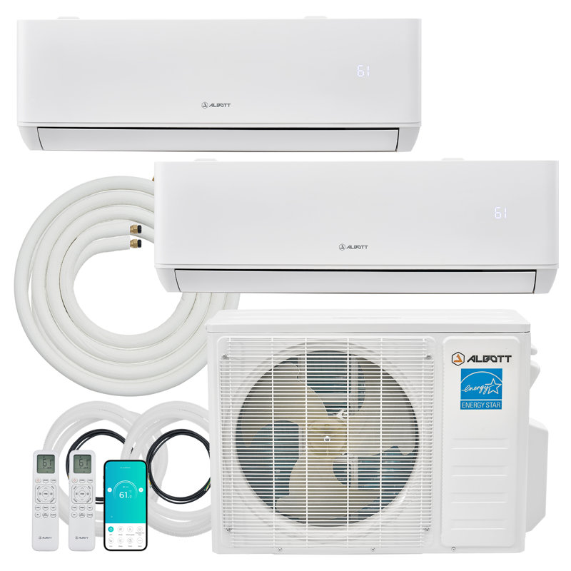 Mini Split AC/Heating System, 20,000 BTU ODU, 25 SEER2 2 Zone 9K+12K BTU Ductless Inverter Heat Pump, WiFi Enabled with Pre-Charged Condenser & 16.4 Ft Line Set, 208-230V, Energy-Efficient