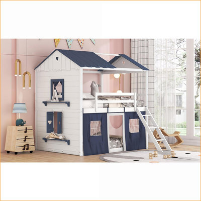Lit double en bois de pin avec maisonnette Tente, bleu + blanc, aucun sommier nécessaire