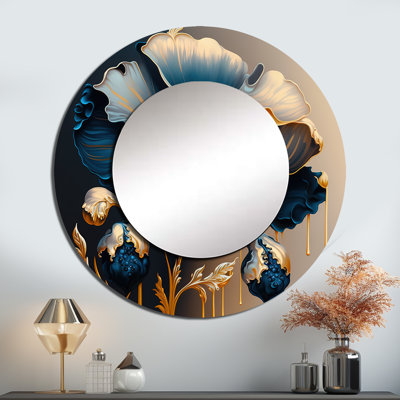Orvell bleu foncé et doré fleur simple - miroir mural unique floral, miroir rond bleu, impression d'art en métal