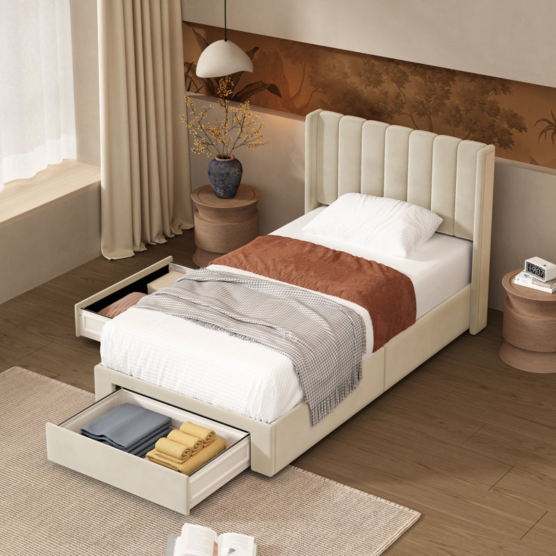 Lit plateforme avec rangement Jeilyn, Crème, Simple