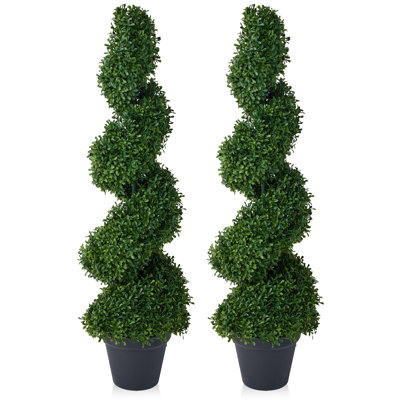 Set of 2 Artificial Boxwood Spiral Topiary Tree – 36" Lush Faux Outdoor Plant, UV Resistant Front Door Entryway Porch Decor – Realistic Potted Evergreen For Garden Patio
