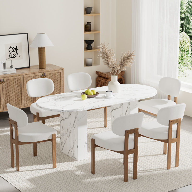 Oval Double Pedestal Kitchen Table Sets, 7 Pieces: Table, 6 Chairs, Beige