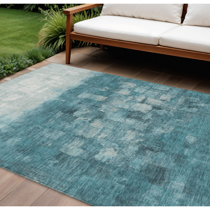 Tapis d'extérieur lavable abstrait bleu sarcelle 10 pi x 14 pi bleu et argent